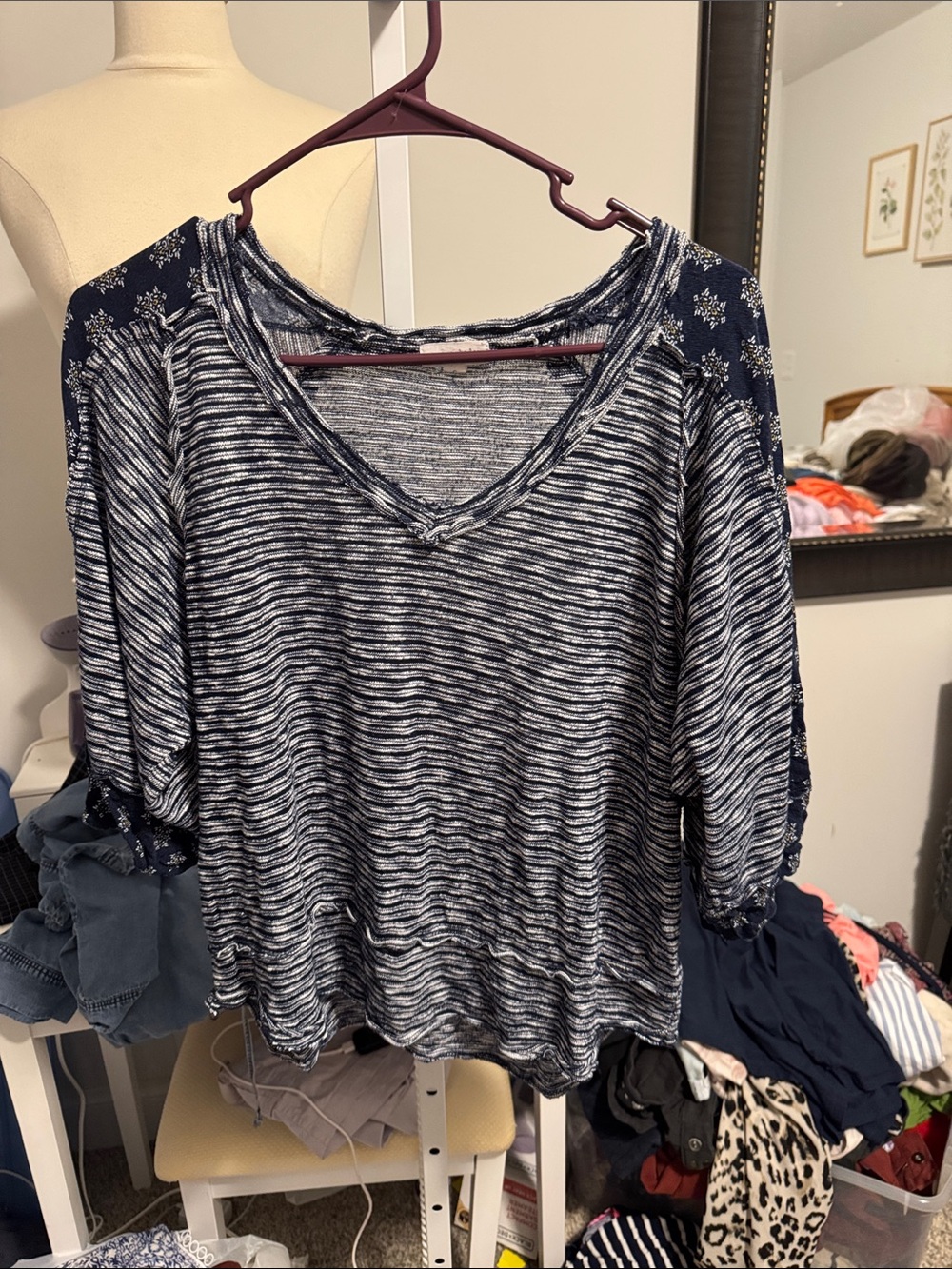 Eyeshadow Navy & White Striped V-Neck Top with Floral Shoulder Panels